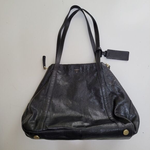 FOSSIL EXPANDABLE ZIP LEATHER BLACK TRIANGLE PURSE SHOULDER TRAVEL BAG - Picture 8 of 15
